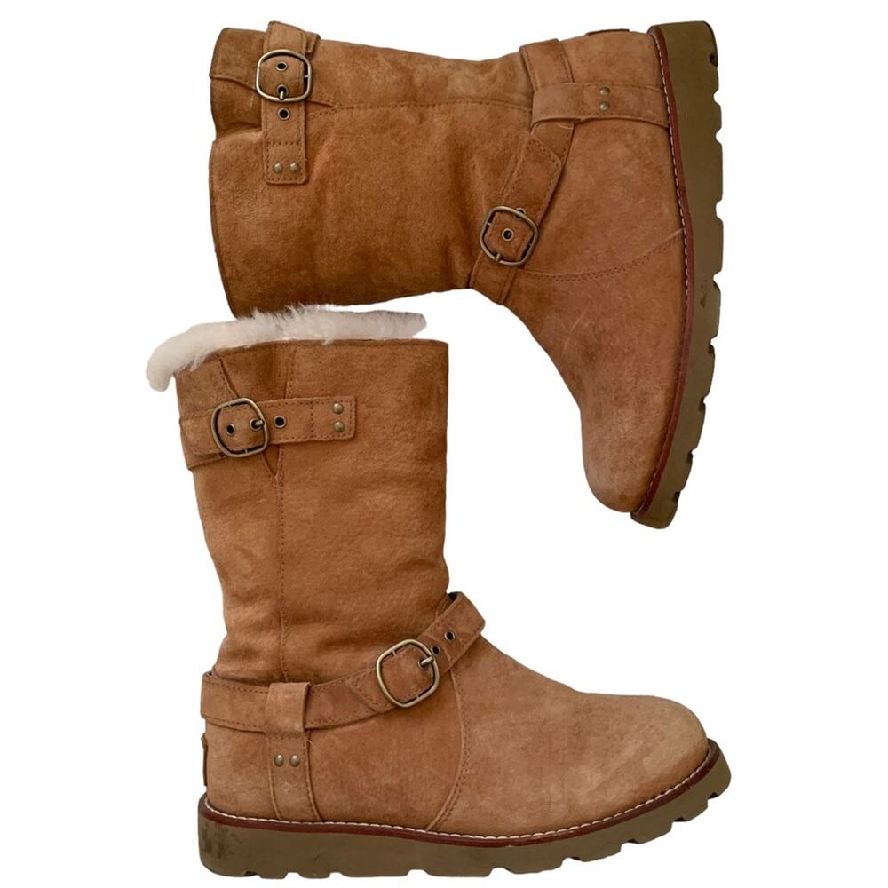 Ugg Noira Chestnut Suede Moto Mid Calf Buckle Boots Size 6 Deadstock